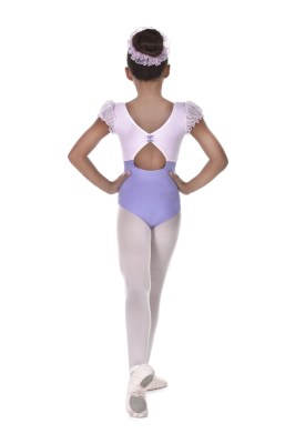 Girls bicoloured puff sleeved leotard pinched key hole